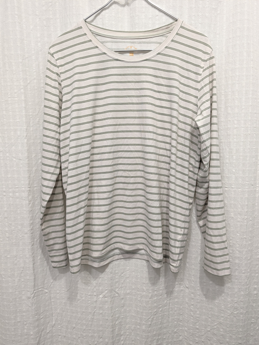 Women's Long-Sleeve Crewneck Tee - White with Light Green Stripes Large